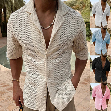 Riolio Hollow Design Chic Shirt Sleeveless, Men's Casual High Stretch V Neck Pullover Sweater For Summer